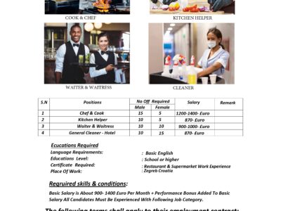Chef,Kitchen Helper, Waiter/Waitress, Dish Washer