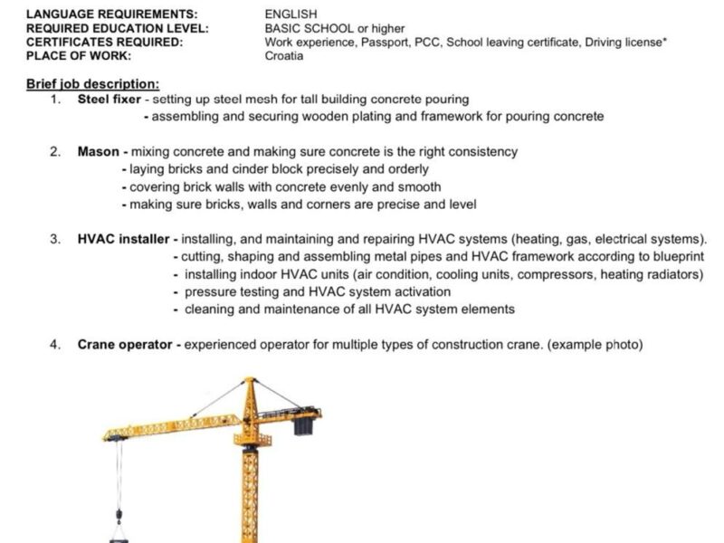 Demand for Croatia Trailer Driver and heavy Truck Mechanic, Construction Worker , HVAC Installer, Crane Operator.